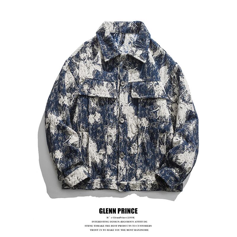 [BrokenBird Series]★Jacket★ Outerwear Unisex Men's Floral Pattern Blue Blue Cool