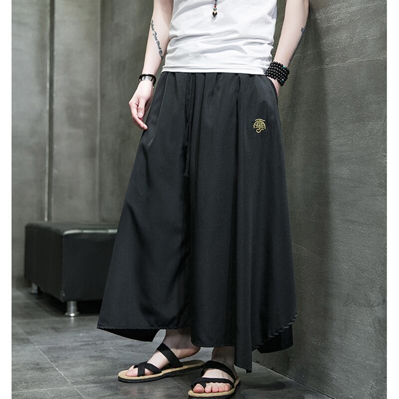 [Small Trouble Series]★China Style Pants★ Gaucho Pants Bottoms Unisex Men's Large Size Plain Black Retro