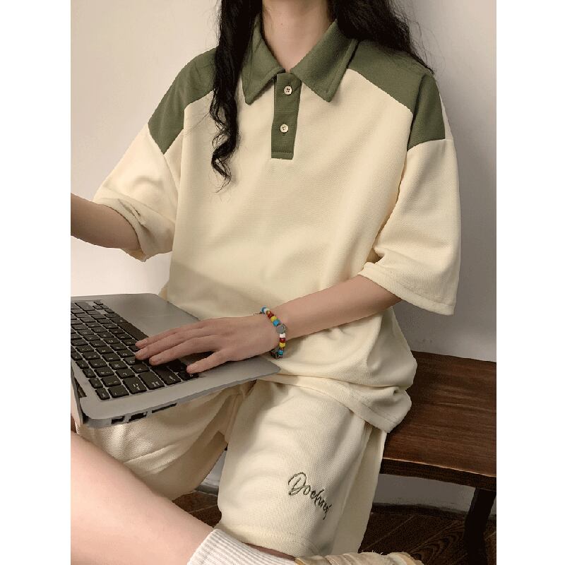 【藤伊曼シリーズ】★セットアップ★ 3color POLOシャツ+短パン 2点セット 上下セット 配色 シンプル 夏服