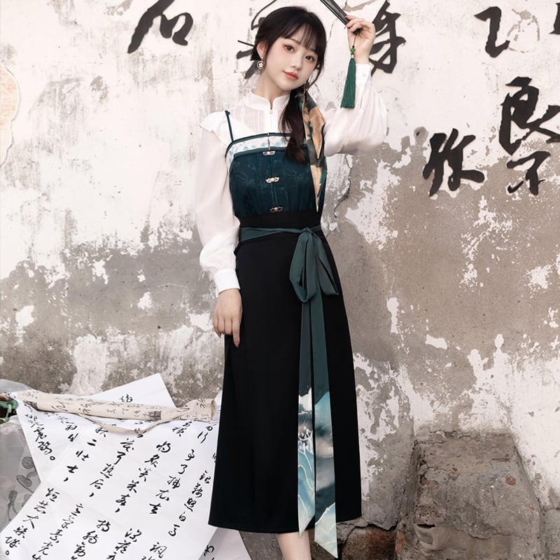 [Kaede bamboo --- one shade of green series] ★Chinese style setup★ 3-piece set Shirt + Vest + Maki skirt Chinese clothes