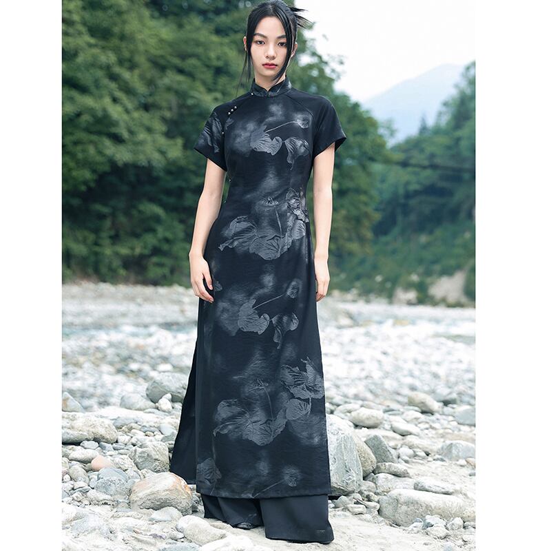 [Big Blue Dragon Series] ★China style tops★ Long tops, slit dress, design, slimming, floral pattern