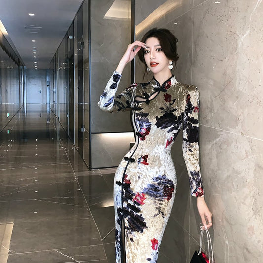 [Hundred Minute Eight Series] ★Cheongsam dress★ Velvet, floral pattern, slimming, sexy, ink pattern dress, improves temperament