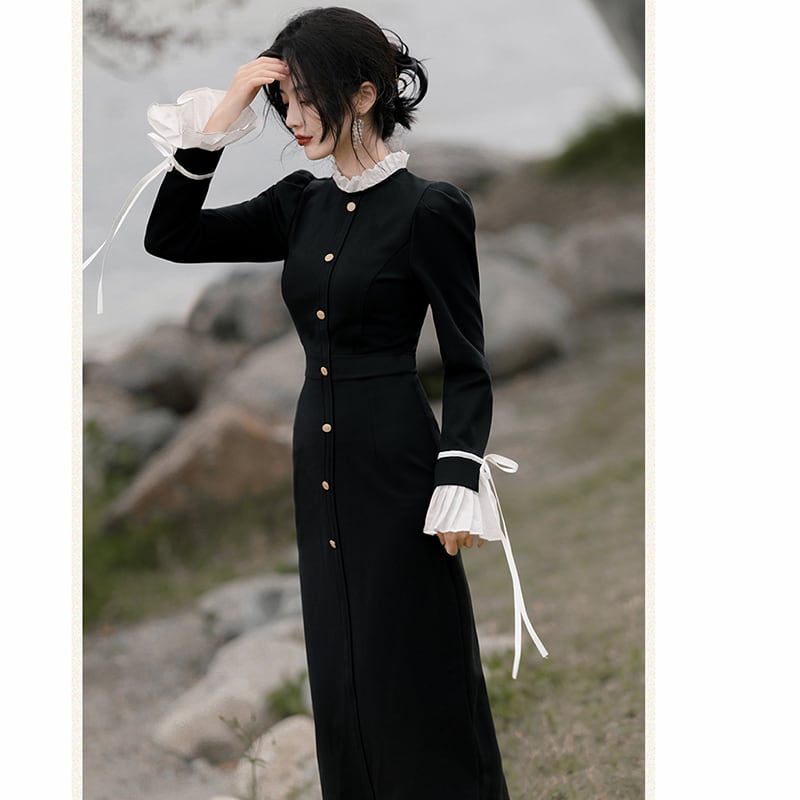 [Rinroki Series] ★One Piece★ Retro, Improves Temperament, Changes, Slimming, Women's, Long Length, Black, Black