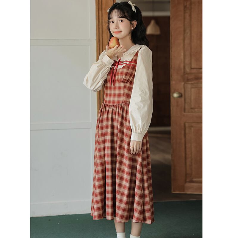 [MEIYI Series] ★One Piece★ Ladies Plaid Faux Layered Commuting Date Red Red