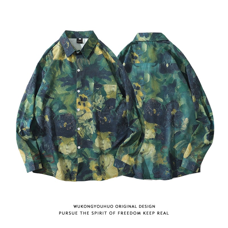 [BEAT BOY Series] ★Long Sleeve Shirt★ Floral Shirt Tops Print Green Green ML XL 2XL Unisex Men's