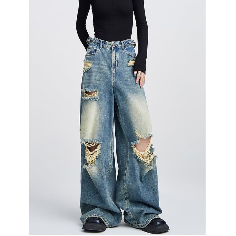 [EDX Series]★Denim Pants★ 2color Bottoms Unisex Men's Black Blue Distressed Easy to Match