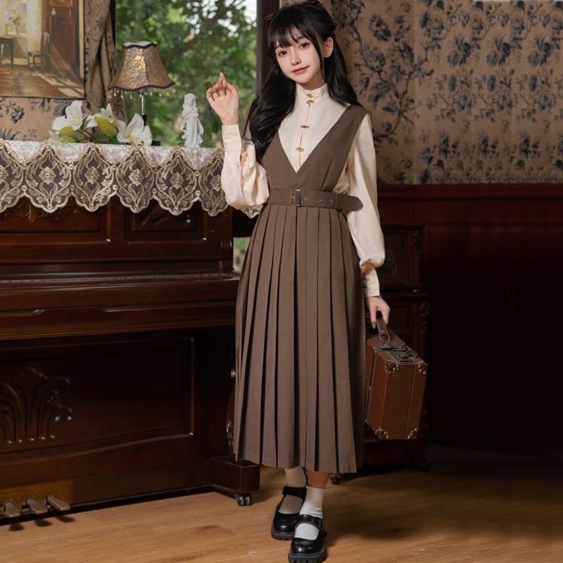 [Dusty clouds dream---Hikisoushi series] ★Sleeveless dress★ Easy to match pleated skirt coffee color retro SML