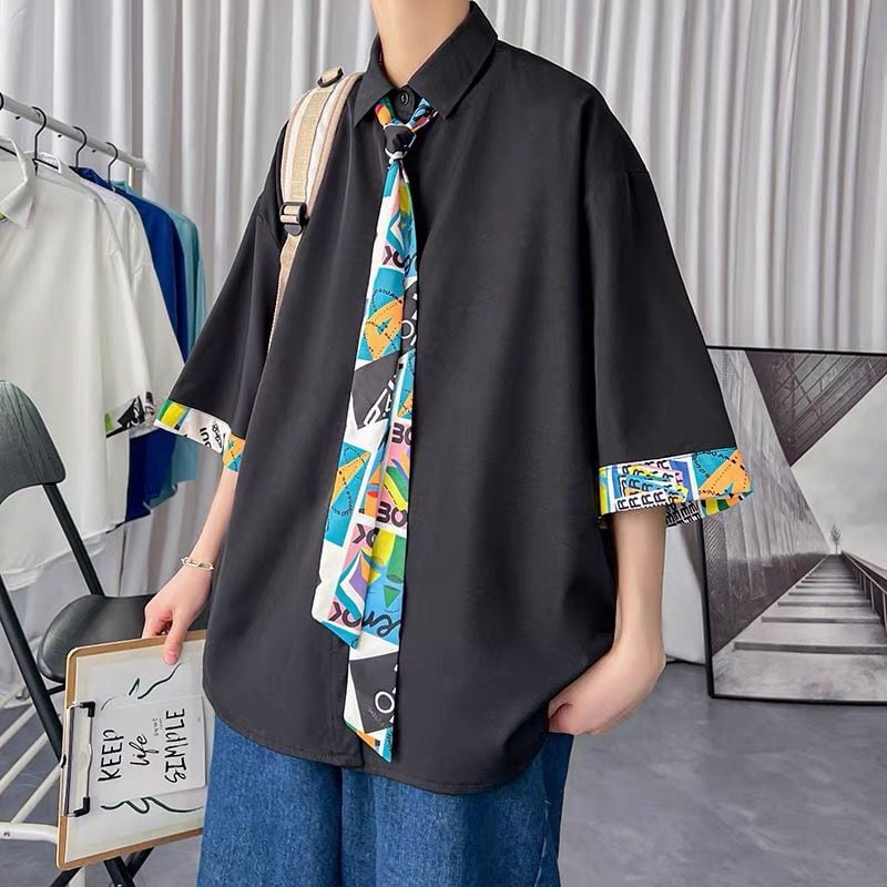 [LANGGUANGHU Series]★Shirt with tie★ 4 colors, floral pattern, casual, Harajuku style, unisex, men's green, black, white, blue