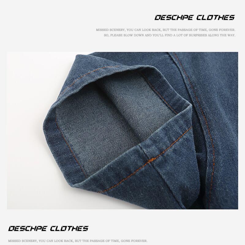 [DESCHPE Series]★Denim Shirt★ POLO Shirt Tops Unisex Men's Embroidery Alphabet Blue Blue