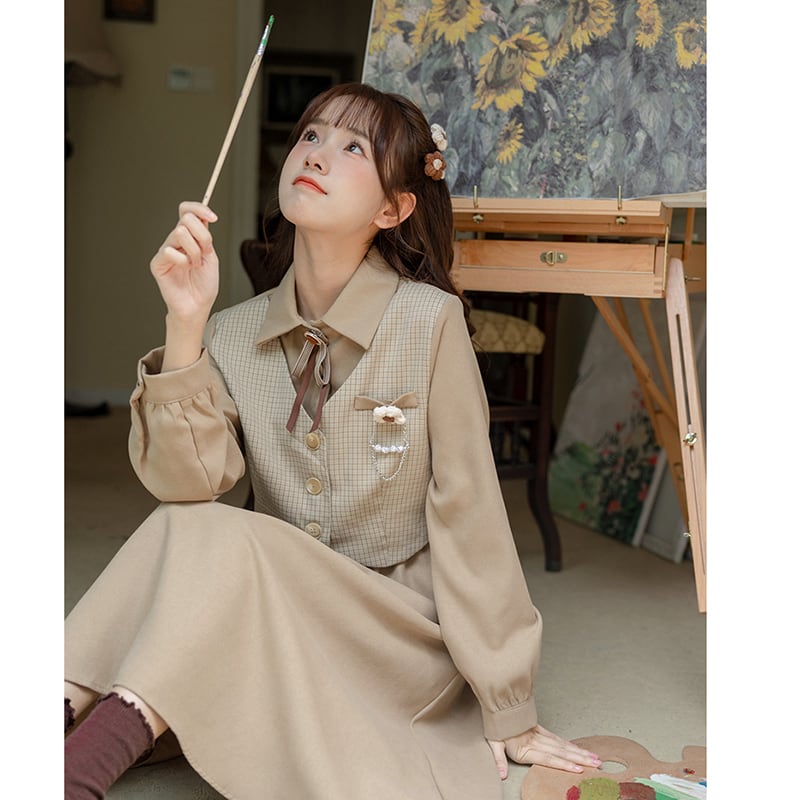 [Minami no Mori Series] ★One Piece★ 2color Faux Layered Fashion Ladies Switching Ribbon Wine Red Khaki Brown