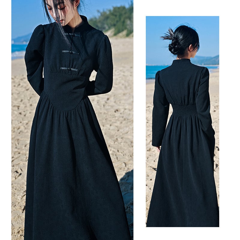 [Da Qinglong Shu Series] ★Chinese style dress★ Long length Chinese clothing Original Black Black Improves your temperament