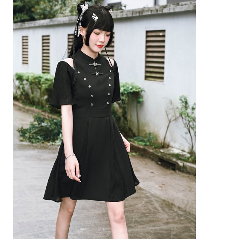 [Kokaisha---Dark Series]★China style dress★ Off-the-shoulder short length slimming original black black SML date