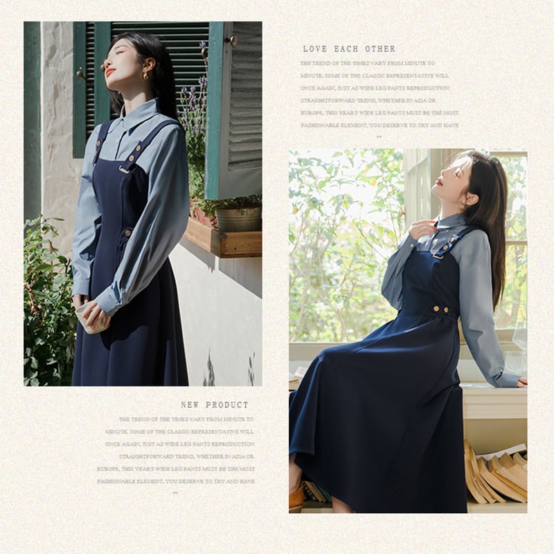 [Rinroki Series]★Setup★ 2-piece set Hanging dress + shirt Women's Blue Blue Commuting Date