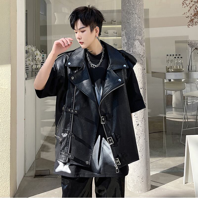 [XIAOQIJIA Series] ★Vest★ Tops Unisex Men's PU Cool V-neck Black Black