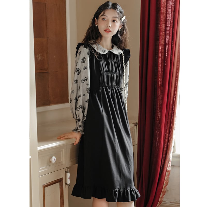 [ZITAIMEIGUI Series] ★One Piece★ Long Length Switching Floral Pattern Women's Commuting Date Black Black