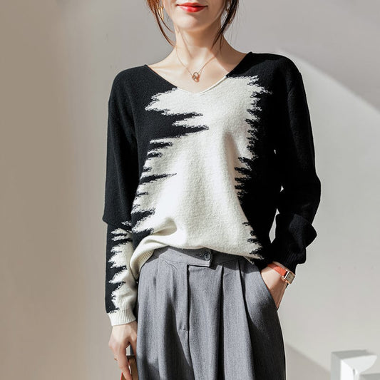 [Denkiran series] ★Knit tops★ Sweater, wool, color scheme, slimming, elegant, easy to match, black, white