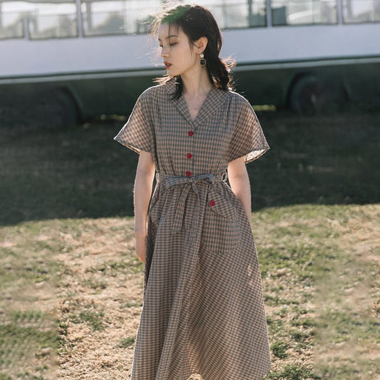 [Nan Kemu Series] ★One Piece★ Short Sleeve Dress Plaid Dress Ladies Retro SML