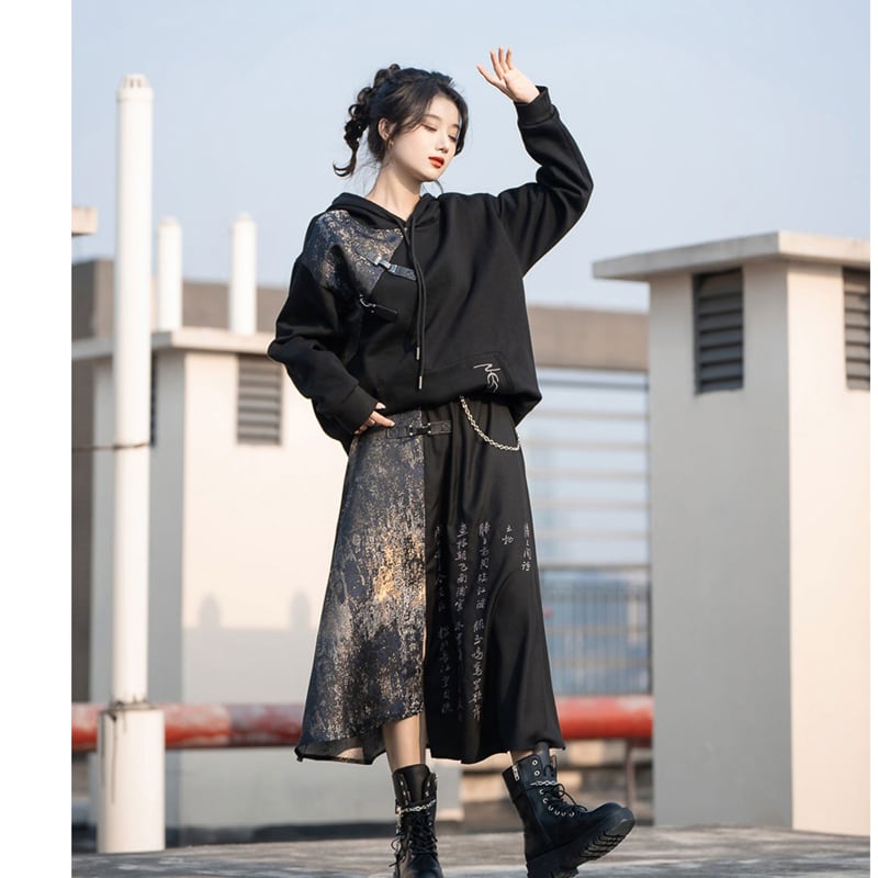 [Kyodo Series]★China style hoodie★ Tops Unisex Men's Switching Black Black Original