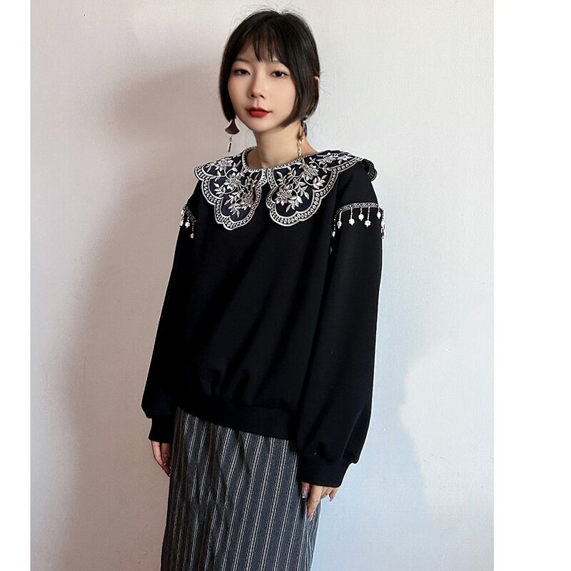 [True Fish Series]★China style top★ Embroidered fringe ladies long sleeve cute collar large size black