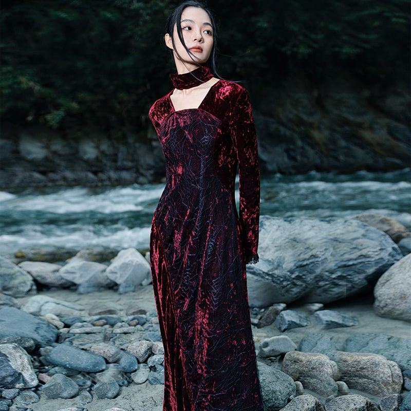 [Daiseiryusu Series] ★China style dress★ Long length velvet wine red red original retro