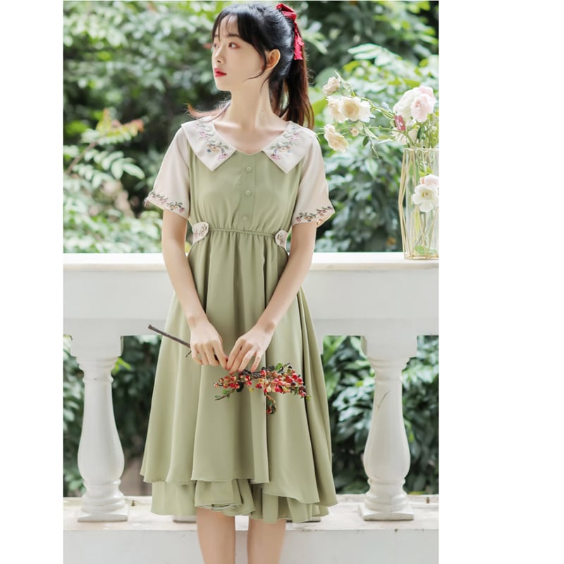 [Poetry Series] ★Chinese-style dress★ 2 colors Dress Embroidery Green Blue SML XL Improve your temperament Cute