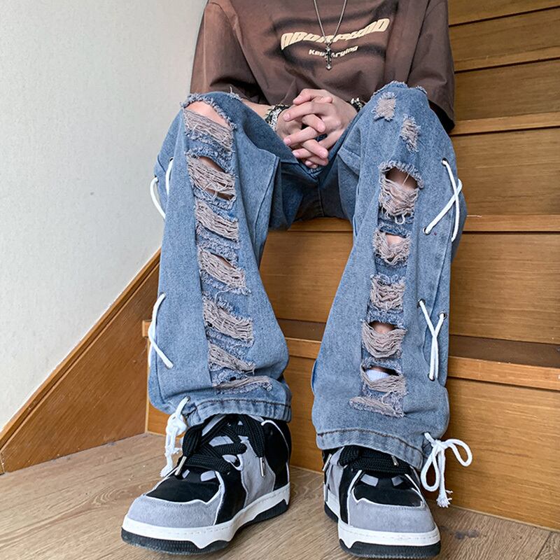 [YANDAN Series]★Denim pants★Bottoms Pants Unisex Men's Distressed Blue Blue Design Stylish