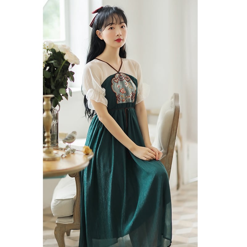 [Shogunsho series]★Hanfu dress★ Embroidery Casual wear Chiffon V-neck Green Green Coming-of-age ceremony SML XL Green Green