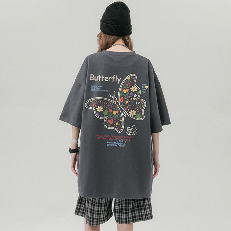 [Wrzb Series]★T-shirt★ Tops 5color Unisex Men's Butterfly Red Gray Black Blue Brown Easy to match