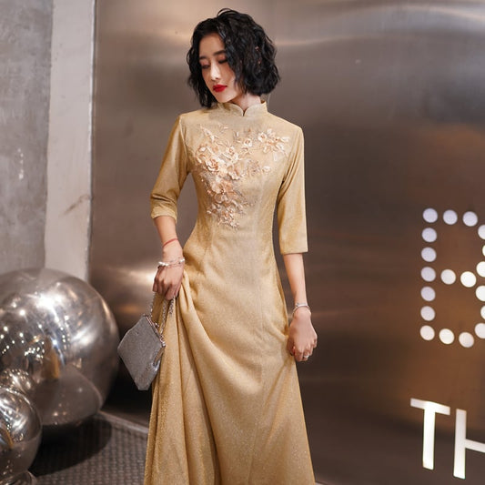 [Chouga series] ★Party dress★ Maxi length dress Improves temperament Gold Golden Chinese style