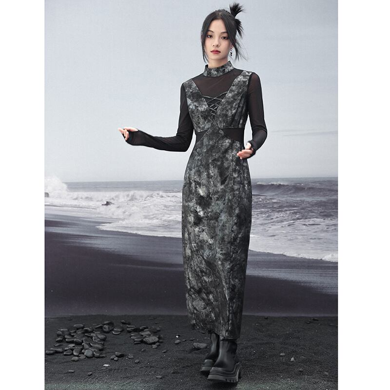 [Daiseiryusu series]★China style dress★ Switching fake layered long sleeve Switching long length Original