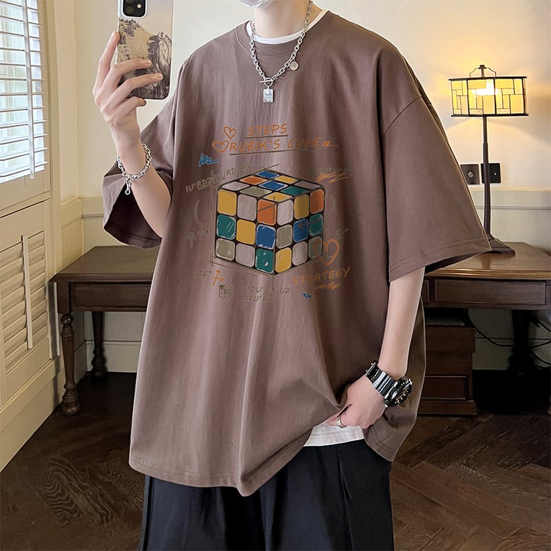 [V37 Series]★T-shirt★ Tops 7color Unisex Men's Large Size Rubik's Cube Pattern