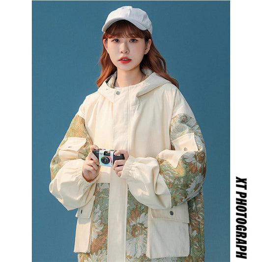 [Fujiiman Series]★Jacket★ Outerwear 2color Floral Pattern Switching Unisex Unique Large Size Beige Blue