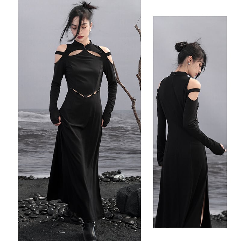 [Daiseiryusu Series] ★China style dress★ Exposed shoulders, sexy, long sleeves, design, long length, original