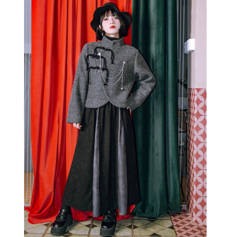 [Kokaisha---Ochienura Series] ★China style coat★ Lasha Quilted Winter Coat Short Length Gray