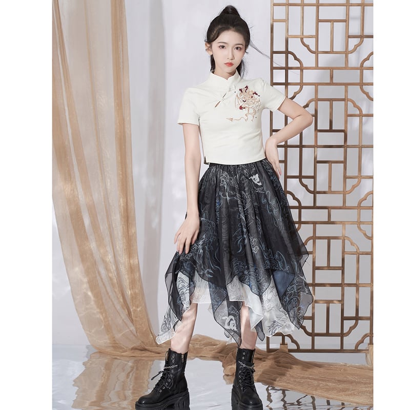 [Kyoto series]★China style skirt★ 2color bottoms chiffon irregular cute easy to match white black