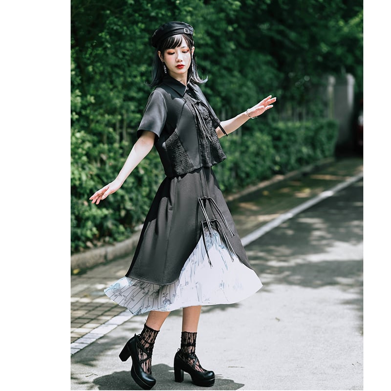 [Kokaisha --- Bamboo Series] ★Chinese style shirt★ Fringe Chinese clothing original short length black black