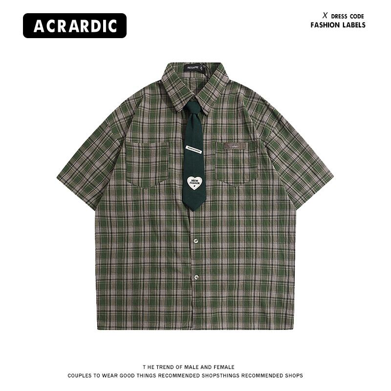 [HTTAOSUP Series]★Shirt with tie★ Check pattern tops short sleeve shirt Unisex Men's Green ML XL