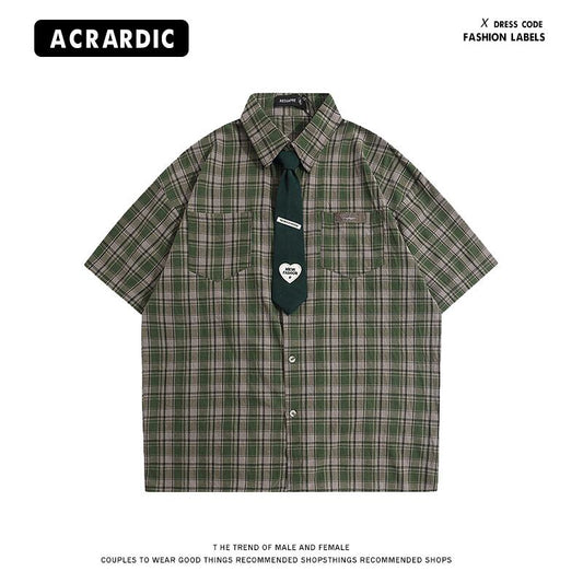 [HTTAOSUP Series]★Shirt with tie★ Check pattern tops short sleeve shirt Unisex Men's Green ML XL