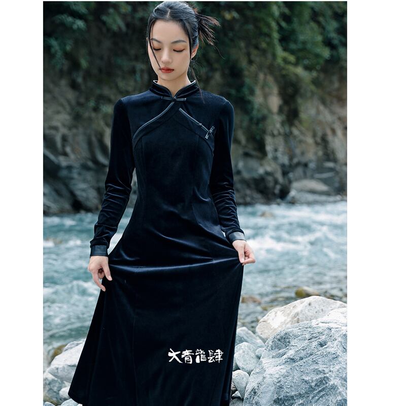 [Da Qinglong Shu Series] ★China style dress★ Velvet switching improved cheongsam dress slimming original