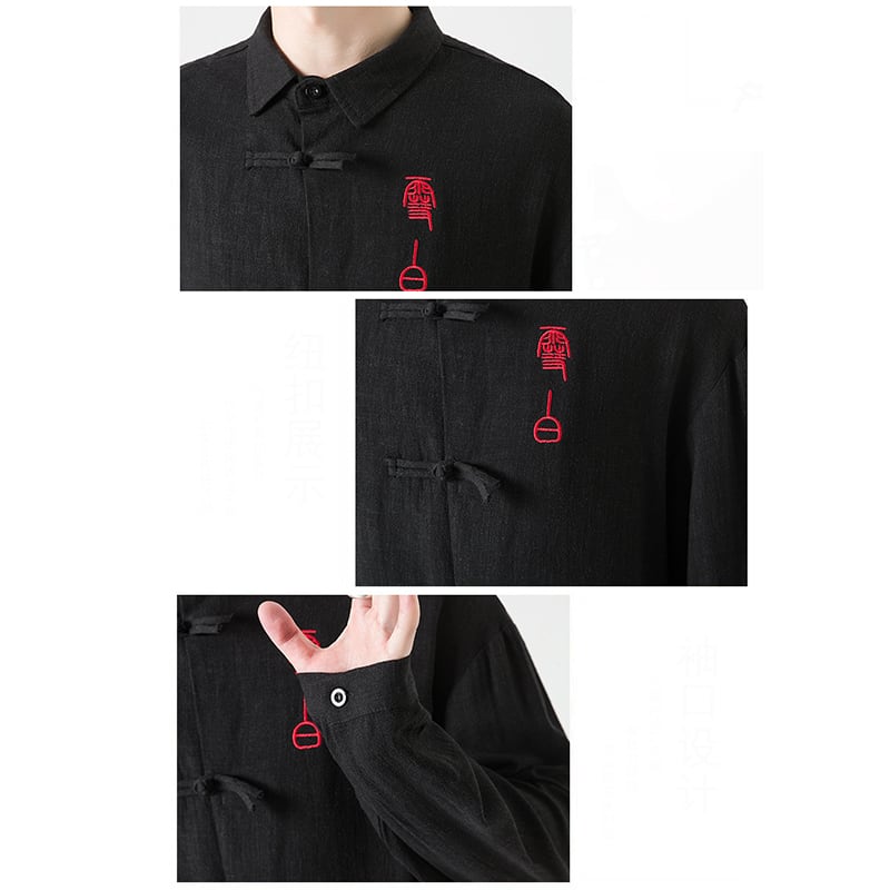 [JUNYI Series]★China style shirt★ Tops 3color Unisex Men's Large size Letter pattern Black Beige Red