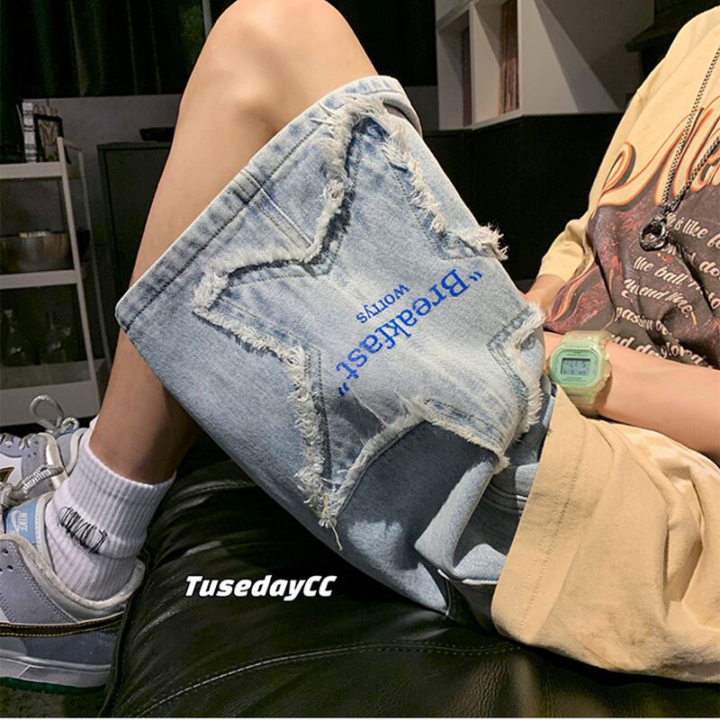 [Leonbinno Series] ★Shorts★ Denim pants 3color Casual Star Unisex Men's Gray Black Light Blue