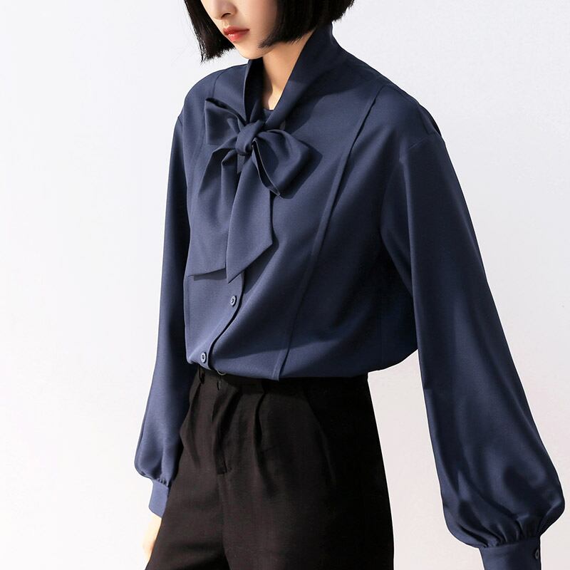 Shirt Blouse Tops Outerwear Women's Fashion New Korean Style Simple Elegant Commuting OL Office Ribbon Neck Single Breasted Lantern Sleeve SML Blue Plain Chiffon