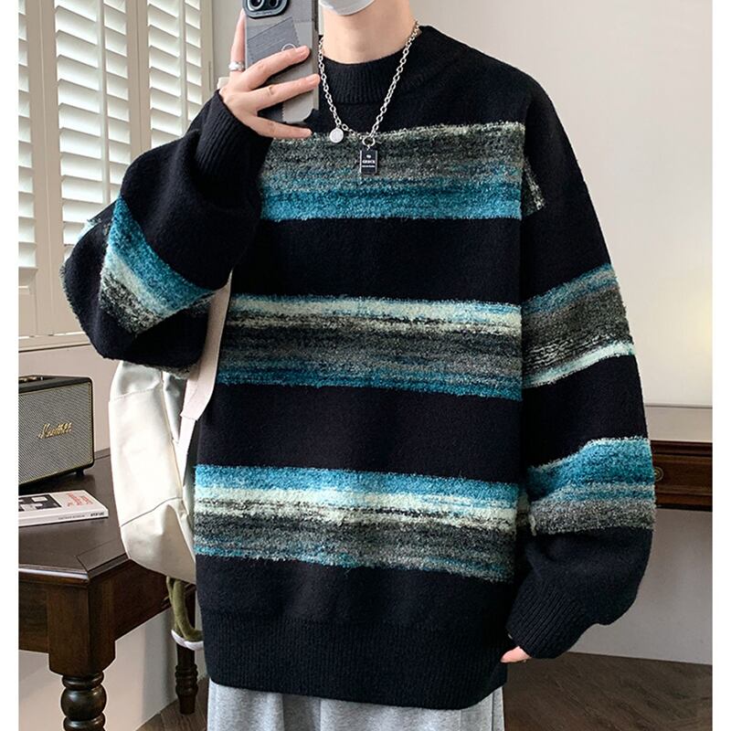 [ZUOFEILI Series] ★Sweater★ 2color Knit Tops Oil Painting Style Horizontal Stripes Striped Pattern Color Unisex Men's