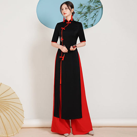 [Yuken Yumori Series] ★Chinese style dress★ Ao dai dress + trousers 2-piece set, long length, large size, black, red, blue