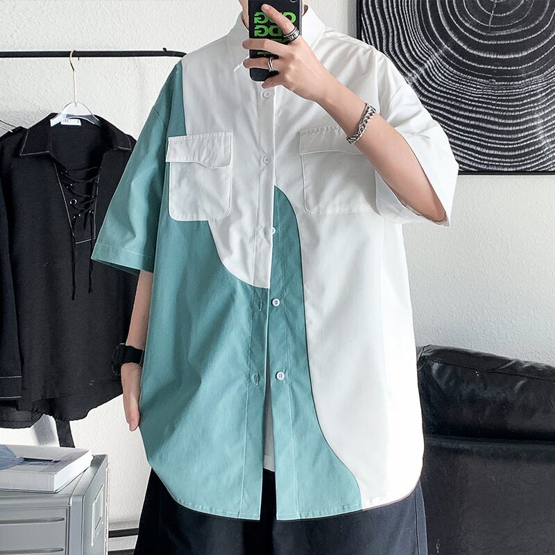 [BIGEMAN Series]★Shirt★ Tops 2color Unisex Men's Large Size Color Scheme Short Sleeve Shirt White Green