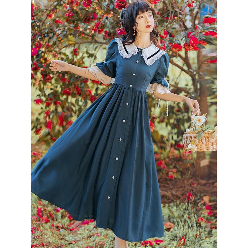 [Jinkyoku Series] ★One Piece★ Retro Dress Cute Ladies Date Shooting Design Color Scheme Blue Blue