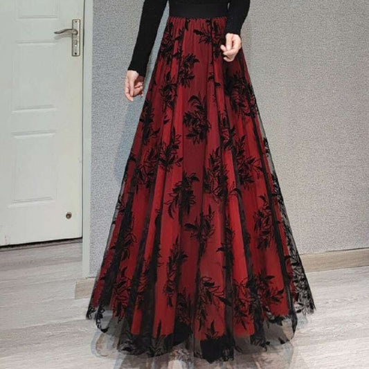 [HUANXIAOMO series] ★Floral pattern skirt★ 3 colors, 3 lengths available, large size, red, black