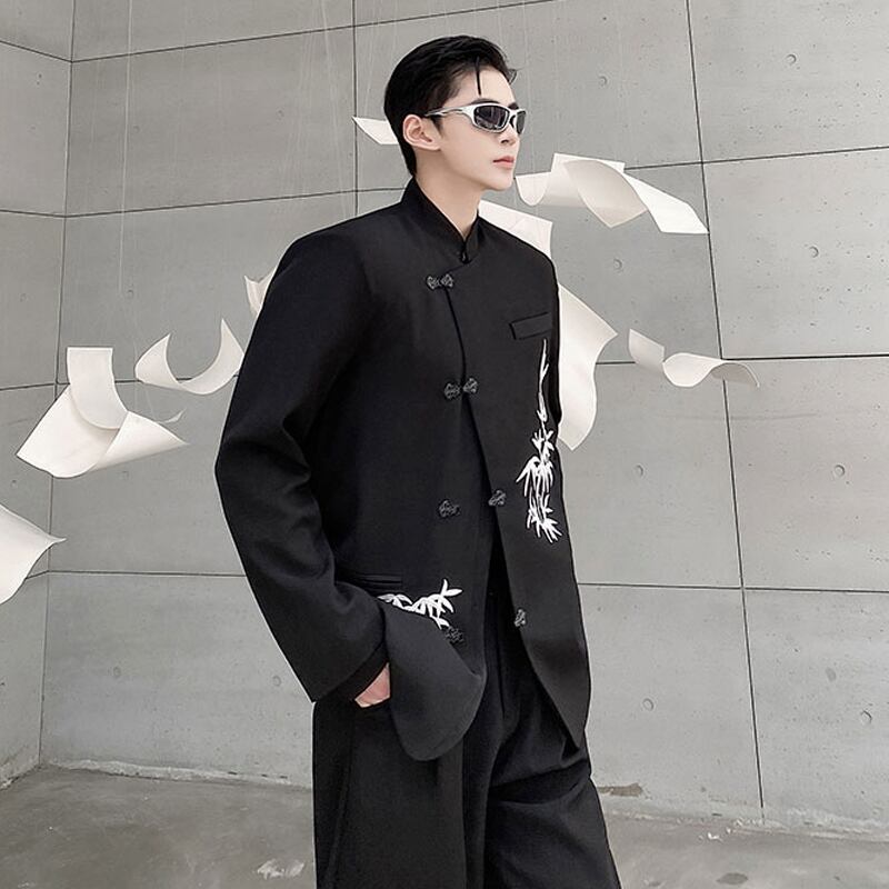 [Illustrated series] ★China style blazer★ Outerwear bamboo unisex men's black black ML XL print