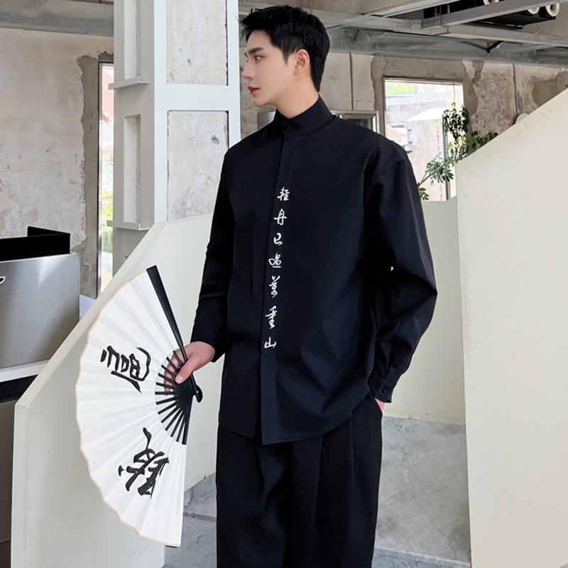 [Illustrated series] ★China style shirt★ 2color embroidery tops unisex men's black white lettering pattern