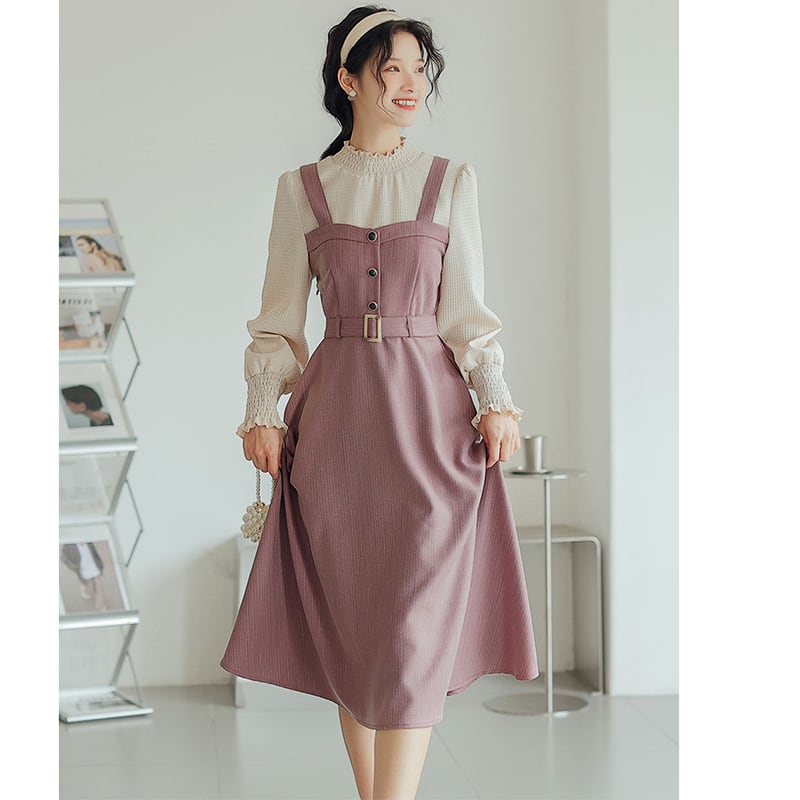 [RUOMUXI Series] ★One Piece★ 3color Fake Layered Cute Date Retro Green Brown Purple